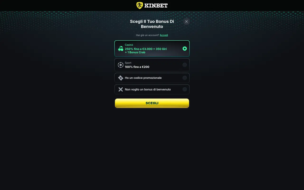 Landing partner KinBet con registrazione e bonus di benvenuto