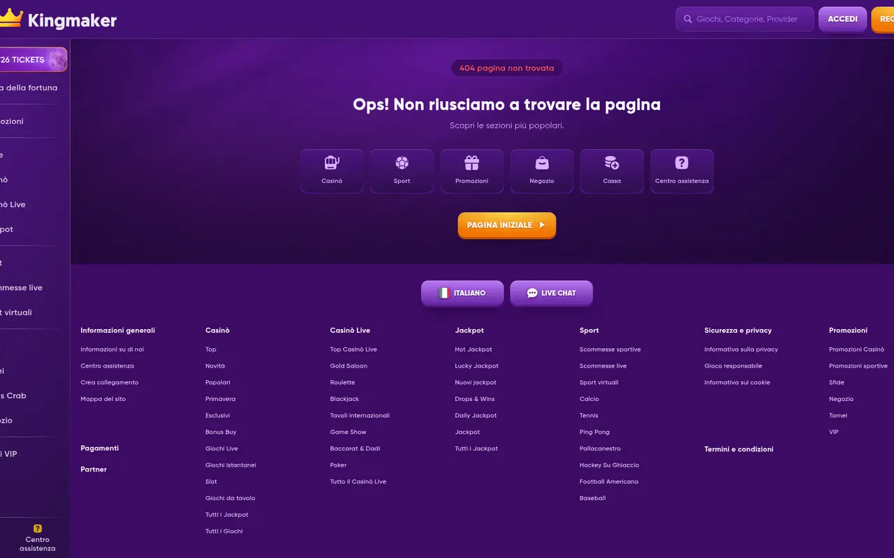 Pagina casino KingMaker con giochi e navigazione interna