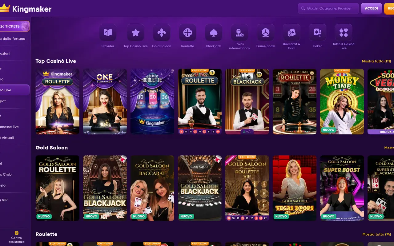 Pagina live casino KingMaker in italiano
