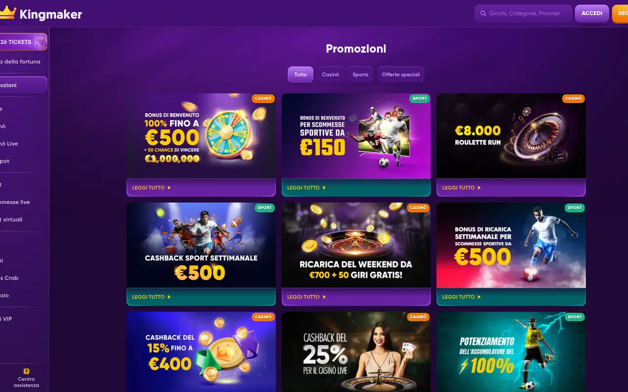 Pagina promozioni KingMaker con offerte attive