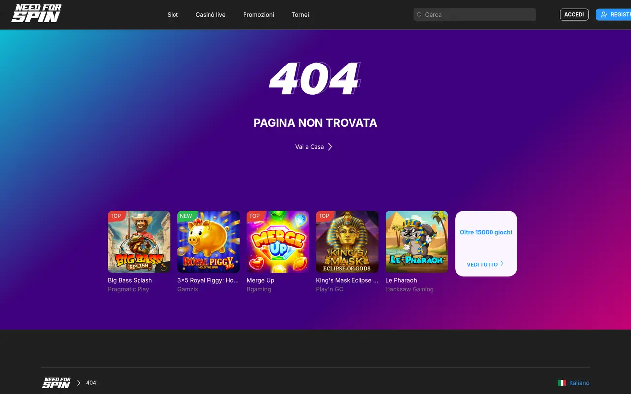 Sezione live casino Need For Spin in italiano