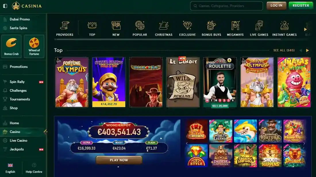 Galleria giochi Casinia con sezione Wonderpot e jackpot progressivi