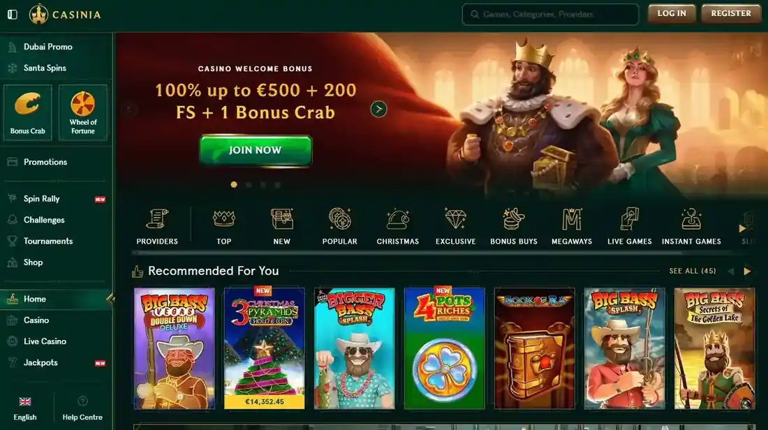 Homepage di Casinia Casino con bonus benvenuto e personaggi medievali