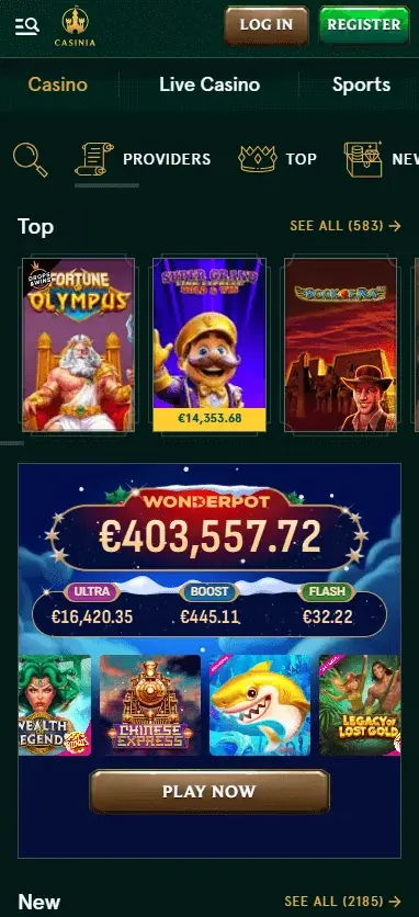 Casinia mobile, sezione giochi con Wonderpot e classifica slot