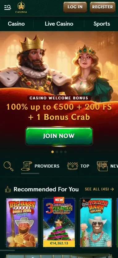 Casinia mobile homepage con bonus benvenuto e pulsante Join Now