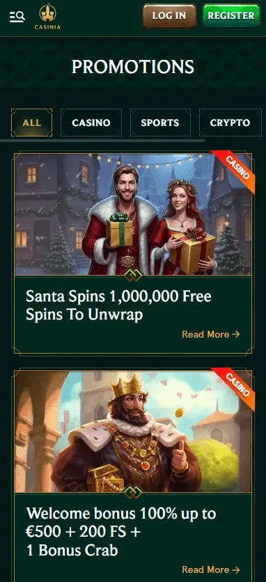 Casinia mobile pagina promozioni con Santa Spins e Welcome Bonus