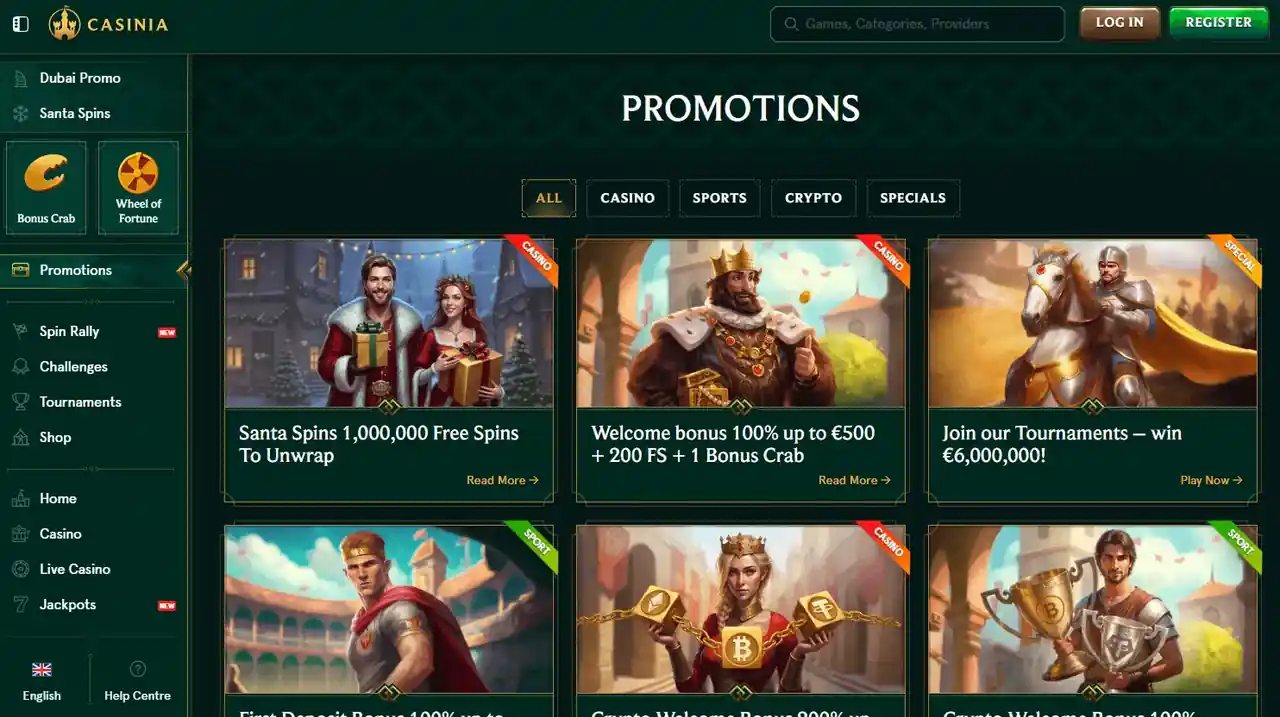 Pagina promozioni Casinia con Welcome Bonus, Santa Spins e tornei