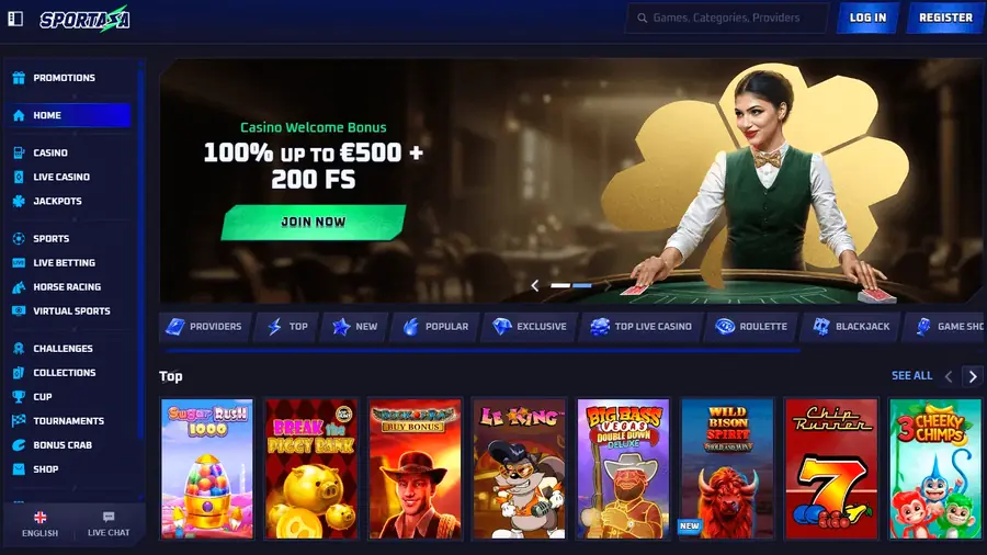 Homepage di Sportaza Casino con bonus benvenuto e menu giochi