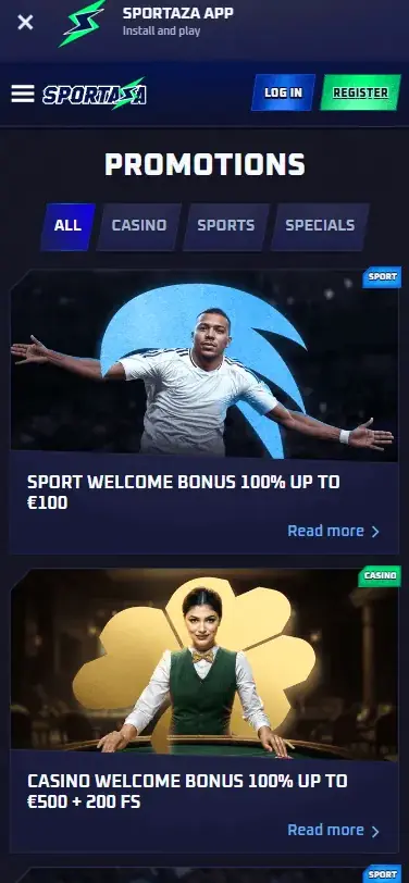 Sezione promozioni mobile su Sportaza