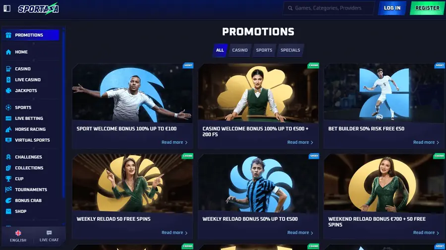 Pagina promozioni Sportaza con bonus sport e casino